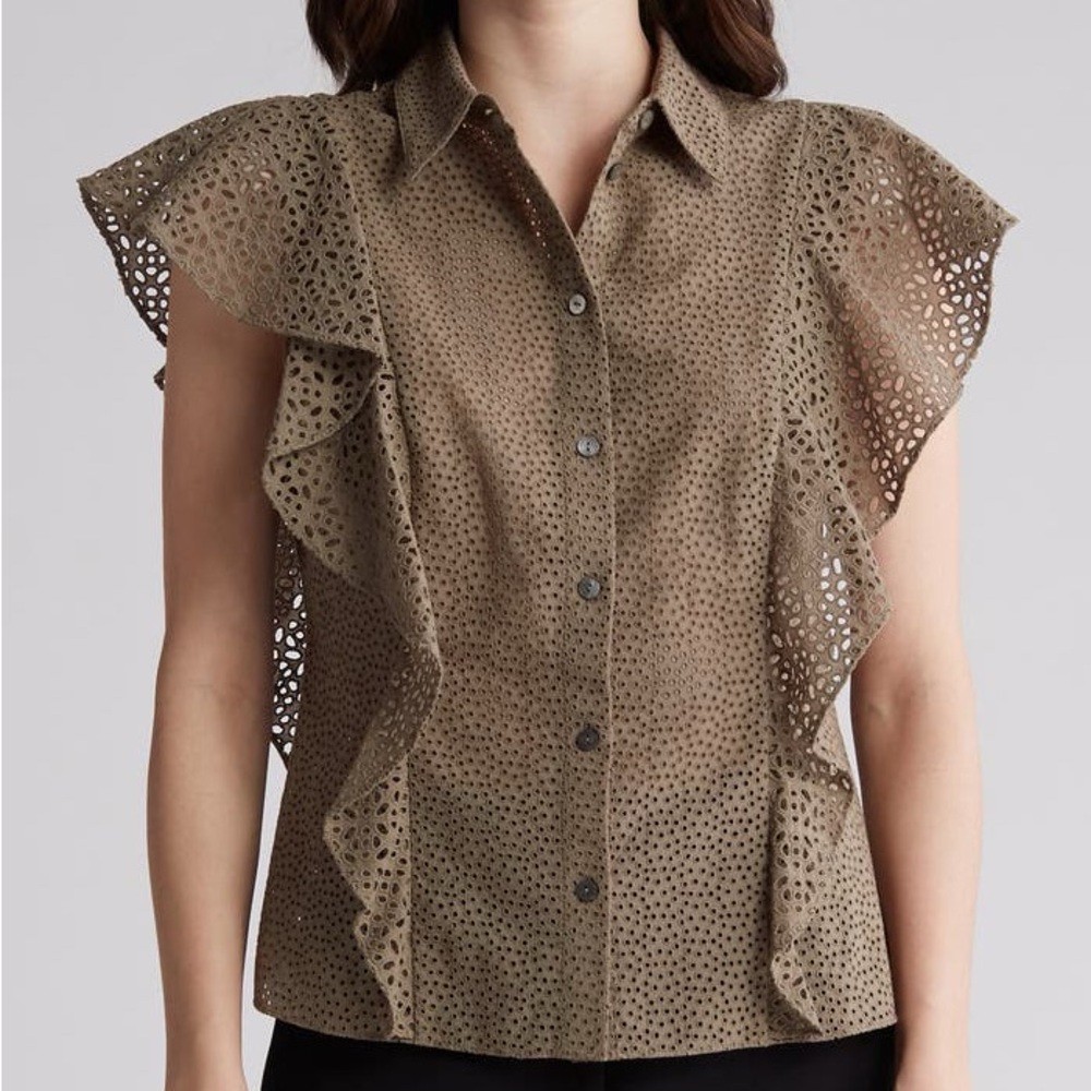 Theory Women's Taupe Eyelet Button-Up Blouse